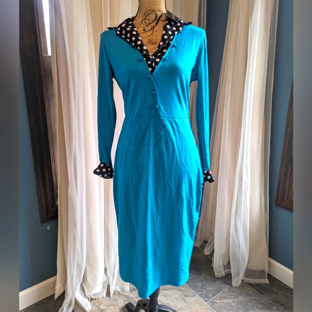 Teal with Polkadot contrast Pencil dress - Picture 2 of 7
